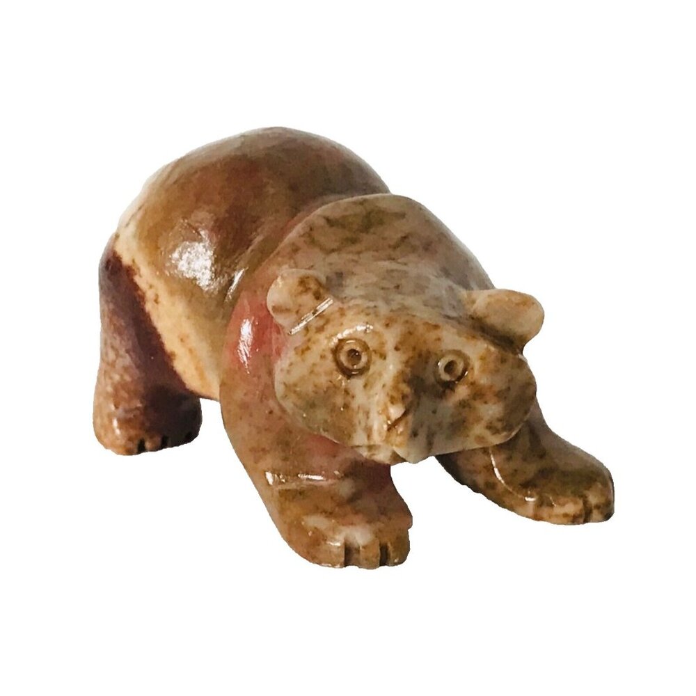 Stone Carved Bear Fetish Native American Artist Animal Carving Brown Pink 1.5"